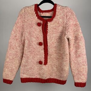 Vintage Hand-Knit Chunky Wool Pullover Pink Red Sweater | PRYM Buttons